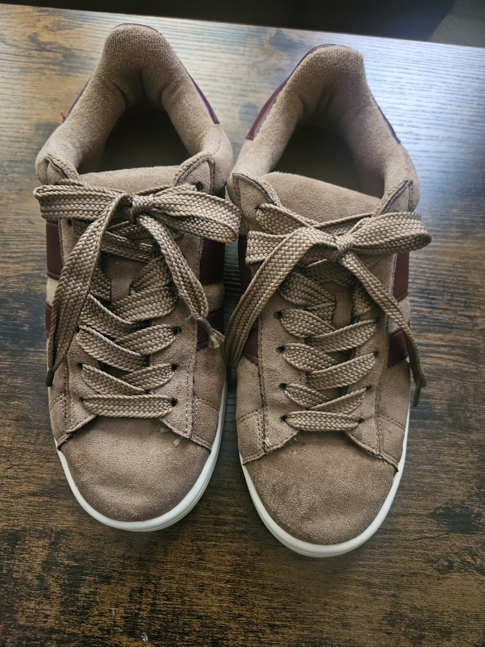 Madden Girl Women's Tan Suede Sneakers with Burgundy Accents